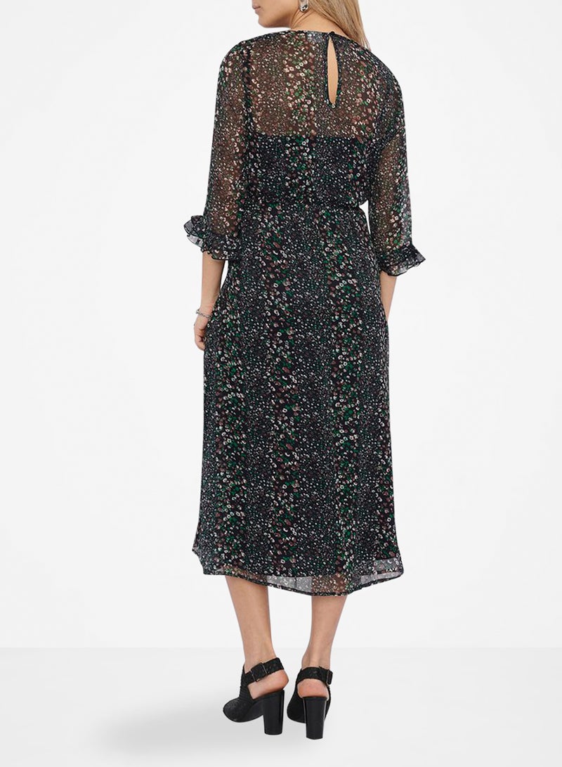 Jacqueline de Yong - Sheer Floral Three-Quarter Sleeve Dress Navy - Image 1