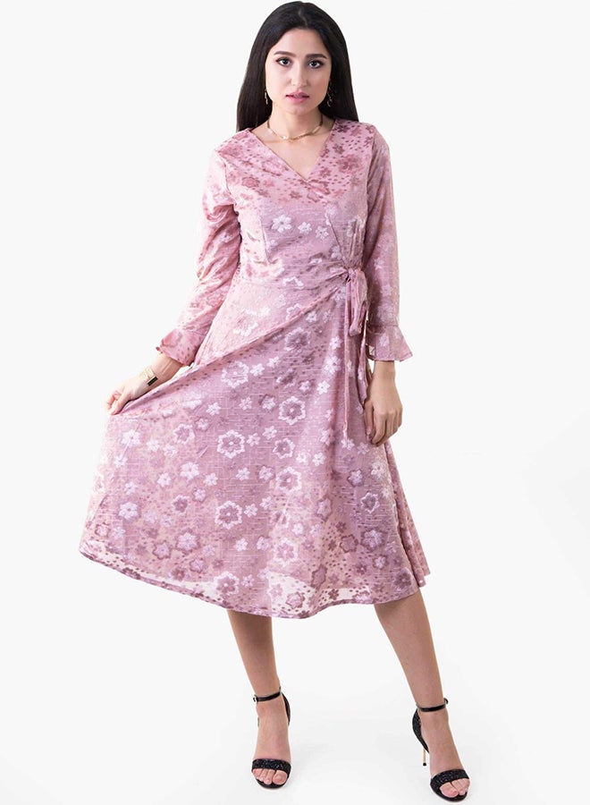 رو أورانج فستان مخملي بأكمام طويلة ومزين بطبعة زهور وردي - Image 1