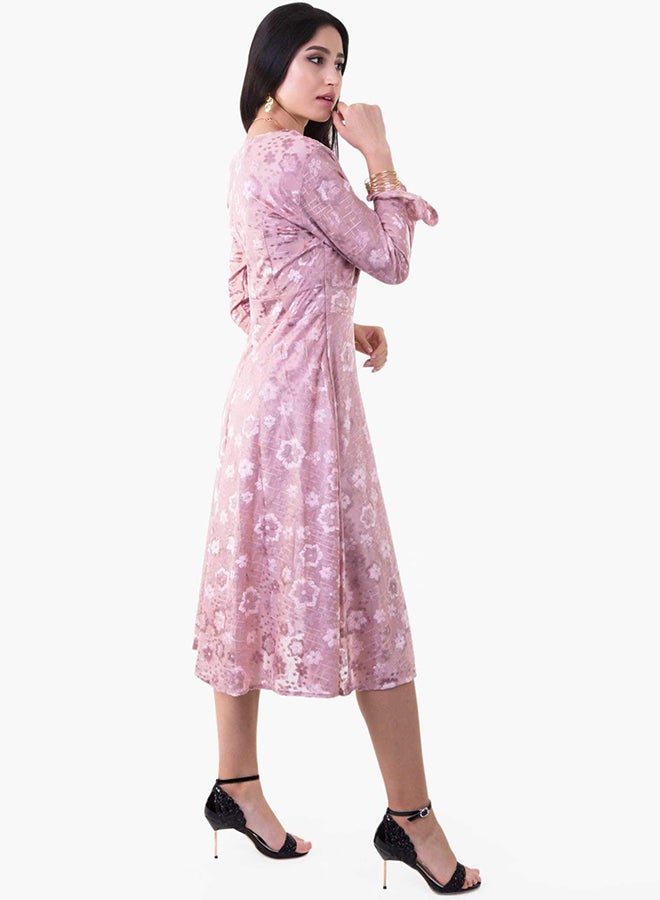 رو أورانج فستان مخملي بأكمام طويلة ومزين بطبعة زهور وردي - Image 3