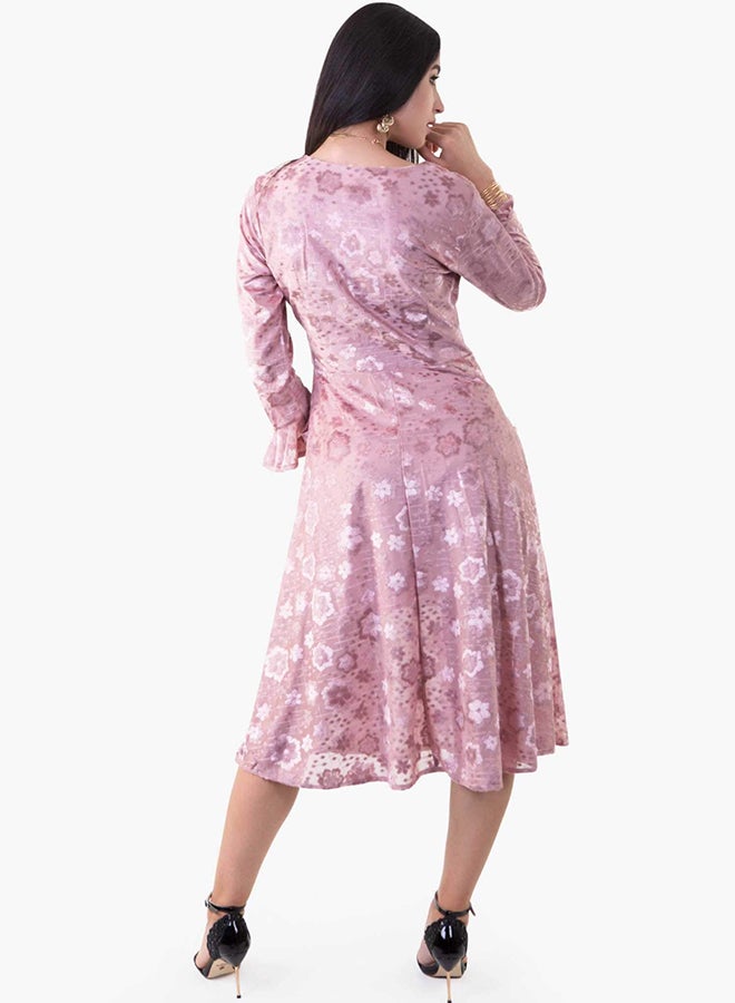 رو أورانج فستان مخملي بأكمام طويلة ومزين بطبعة زهور وردي - Image 2