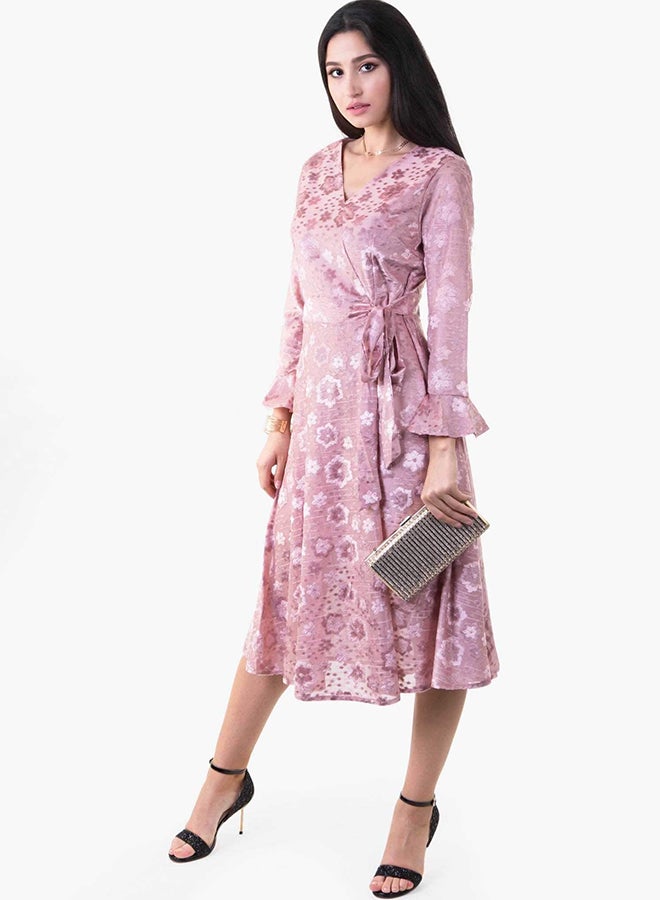 رو أورانج فستان مخملي بأكمام طويلة ومزين بطبعة زهور وردي - Image 4