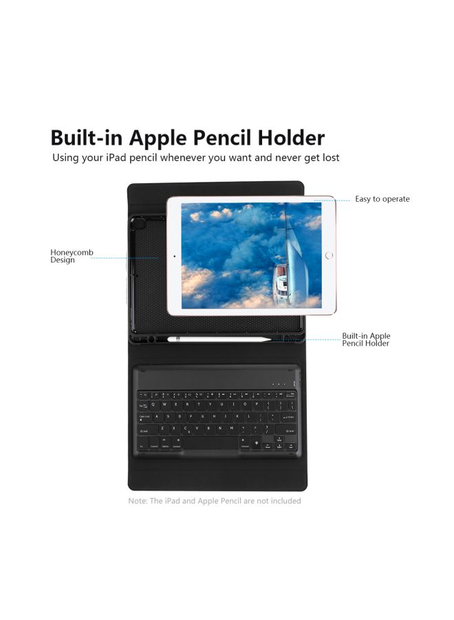 Generic - Protective Case With Wireless Keyboard And Pencil Holder For Apple iPad 10.2-inch 7th (2019) Black - Image 1
