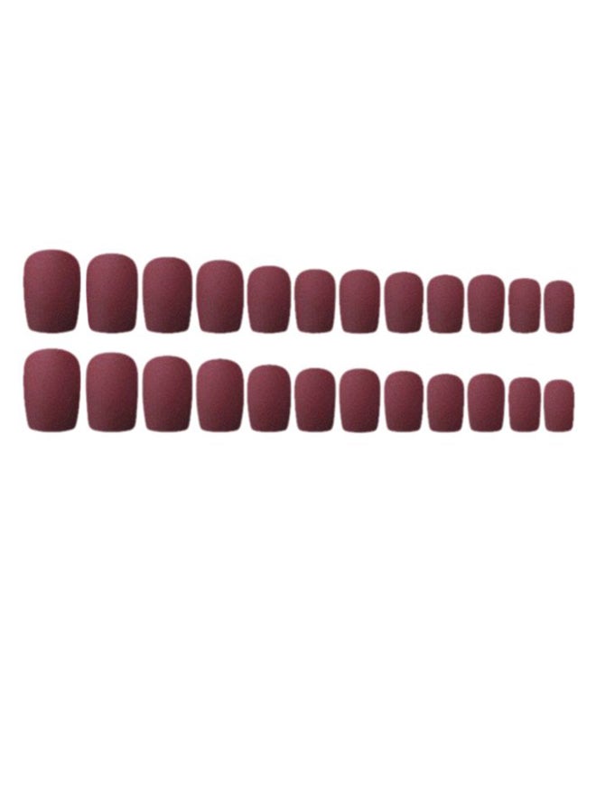 24-Piece Short Round Head Full Cover Matte False Nail Set Wine red - Image 1
