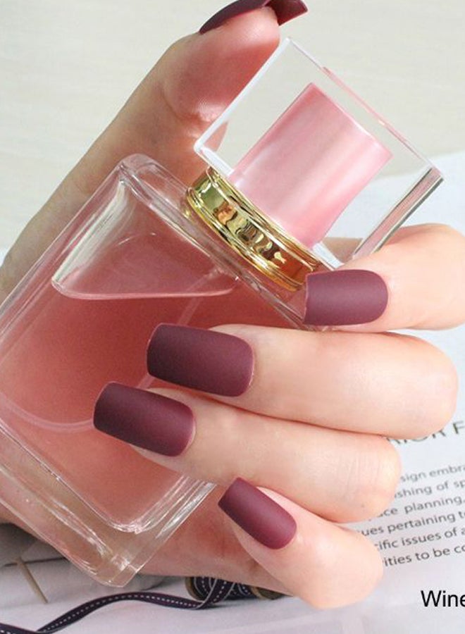 24-Piece Short Round Head Full Cover Matte False Nail Set Wine red - Image 2