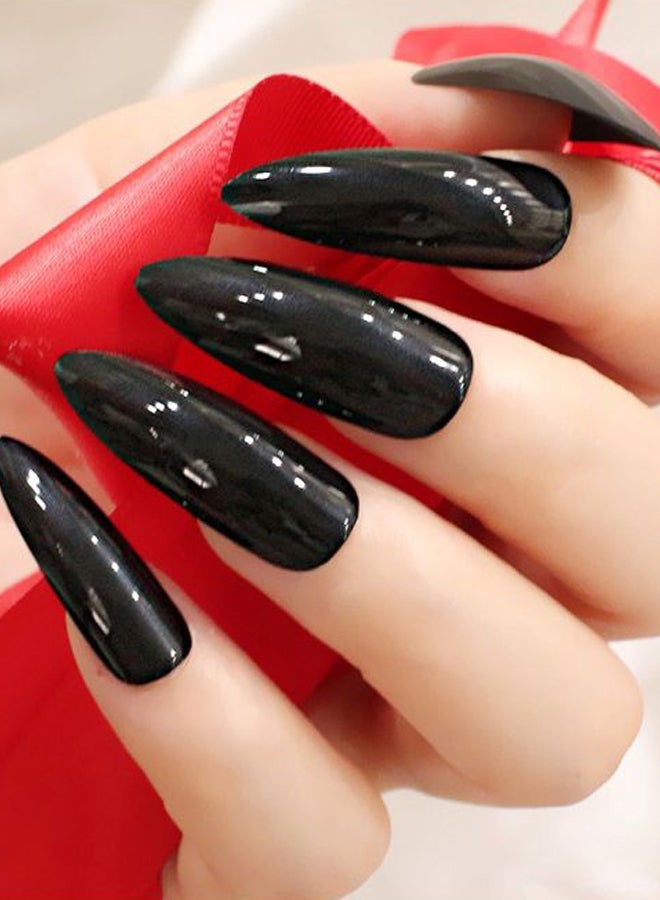 طقم أظافر صناعية طويلة للغاية بطرف حاد بيضاوي الشكل مكون من 24 قطعة أسود - Image 2