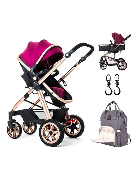 3 In 1 Pram Stroller With Sunveno Diaper Bag Grey And Hooks - Wine Red