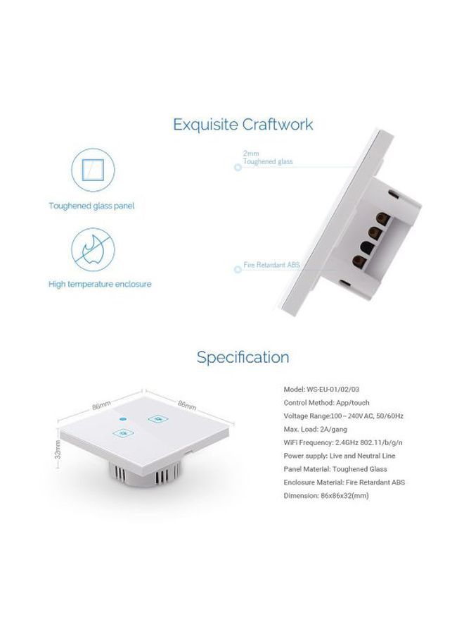 مفتاح جداري ذكي بإضاءة LED يعمل باللمس أبيض 86x32x86مم - Image 3