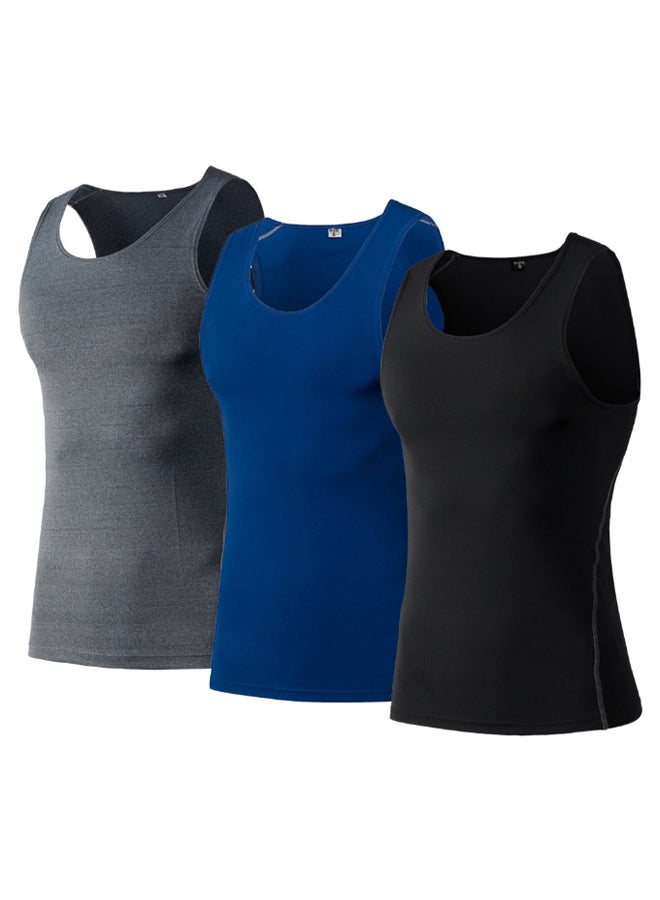 3-Piece Y-Back Workout Muscle Bodybuilding T-Shirt Set Black/Grey/Blue  - Image 1