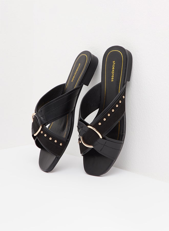 shoexpress Cross Strap Flat Sandals Black - Image 3