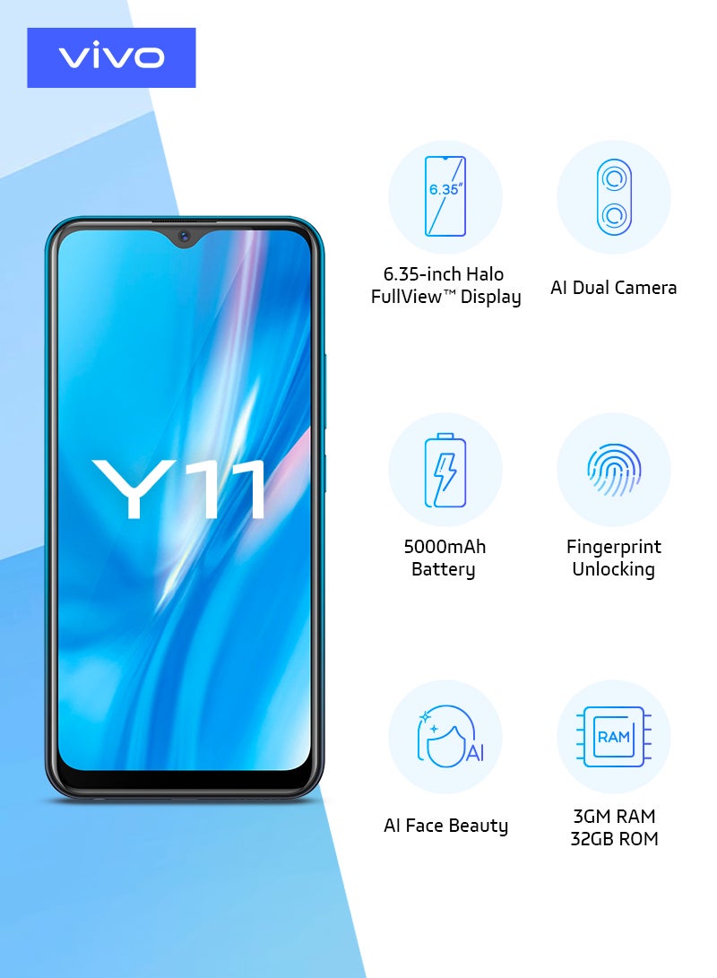 هاتف Y11 (2019) ثنائي الشريحة بلون أحمر أجيت بذاكرة رام 3 جيجابايت وذاكرة داخلية 32 جيجابايت ويدعم تقنية 4G LTE