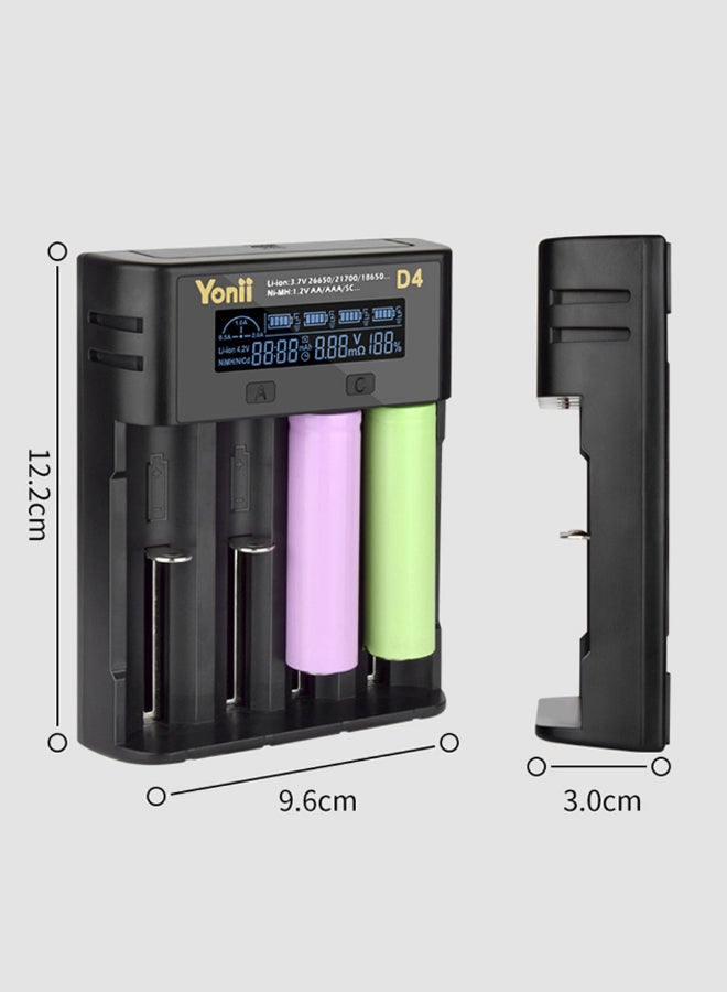 Yonii 4-Slot D4 LCD Battery Charger With USB Cable Black/Silver  - Image 2
