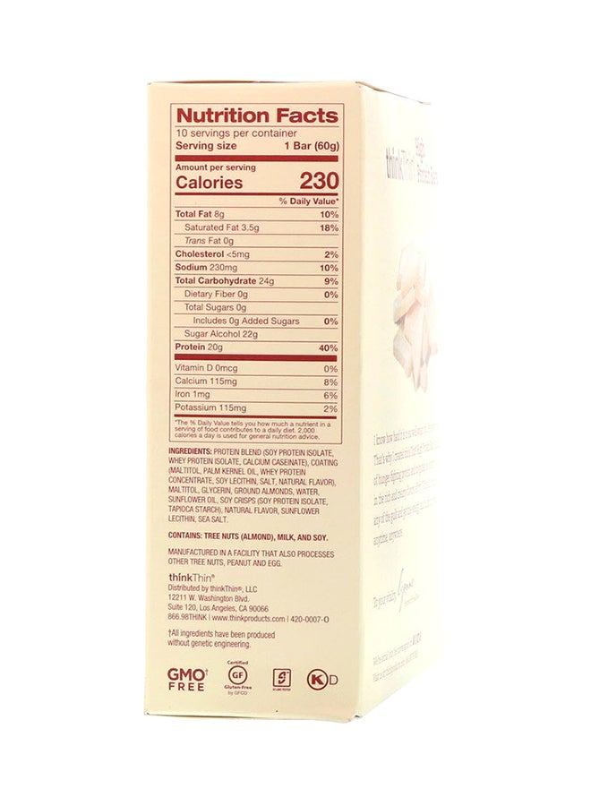 thinkThin - Pack Of 10 High Protein Nutrition Bar - White Chocolate 10 Bars, 2.1 oz (60 g) Each - Image 1
