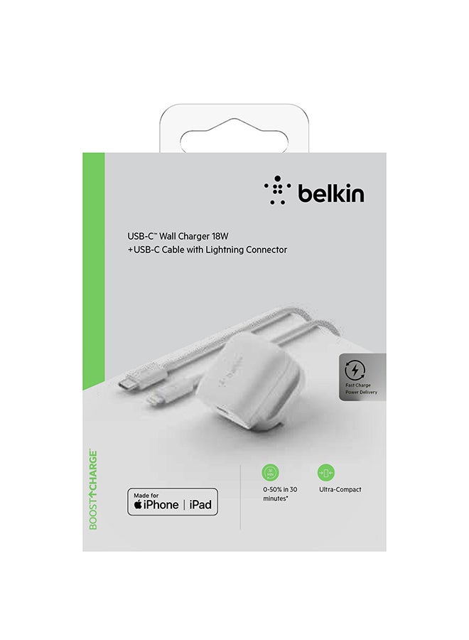 belkin - 18W USB C Wall Charger With 4 ft USB C To LightnIng Cable    Type C Fast Charger For iPhone 13 13 Pro 13 Pro Max 13 mIni 12 12 Pro 12 Pro Max 12 mIni iPad Air 2020 8th Ge White - Image 1