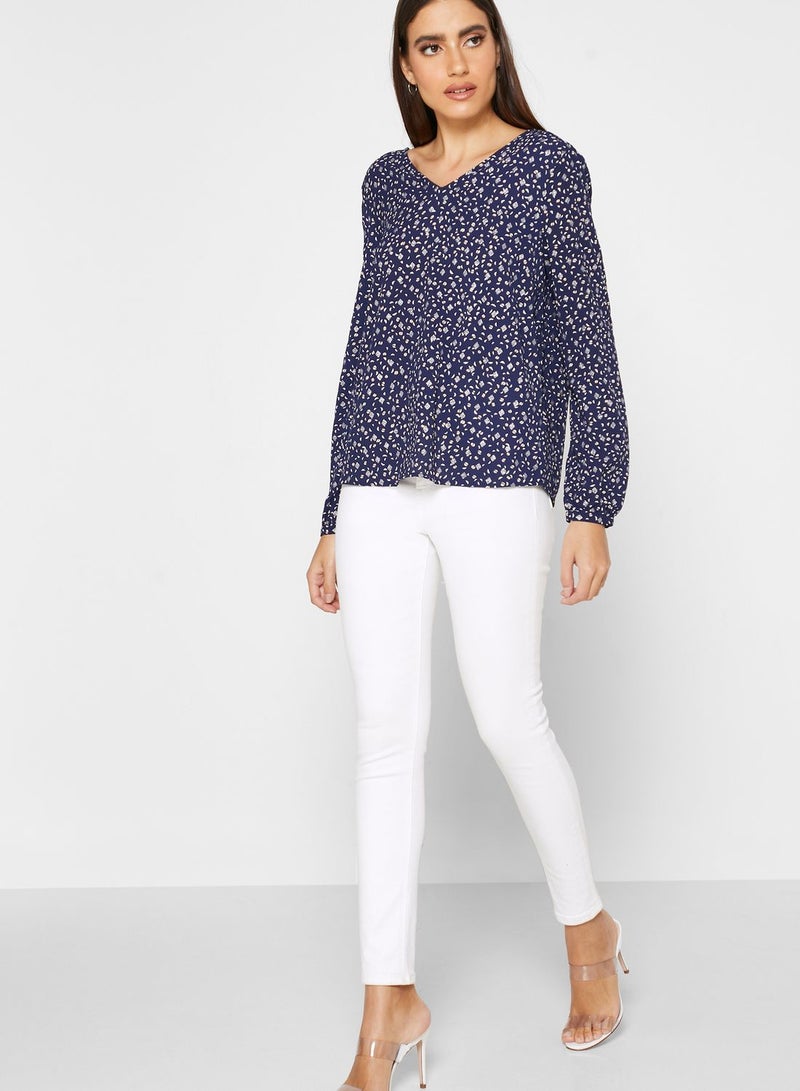 اونلي بلوزة بطبعة ورقبة على شكل حرف V أزرق - Image 4