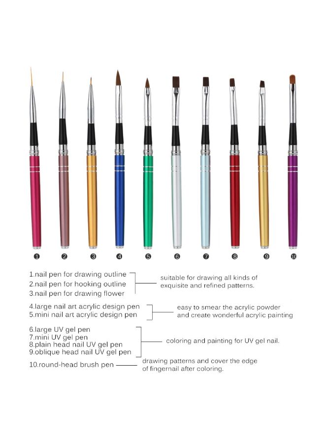 مجموعة فرش للرسم على الأظافر من 10 قطع متعدد الألوان - Image 2