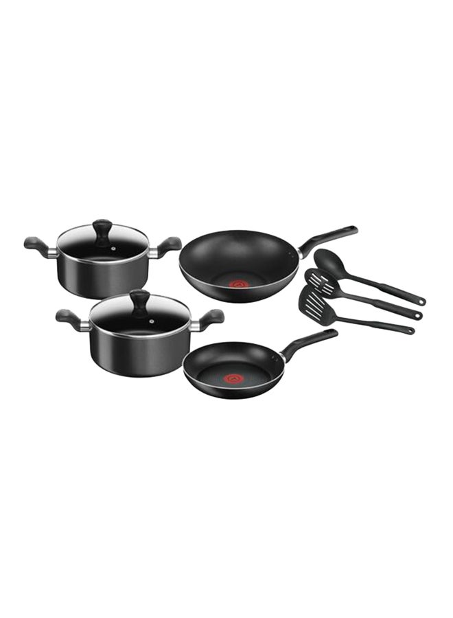 TEFAL 9-Piece Aluminum Super Cook Non-Stick Cookware Set Includes Wokpan 28 cm, Stewpot 22 cm, Stewpot 24 cm, 2 Lids, 1 Spatula, 1 Spoon, 1 Slotted Spoon & Frypan Black 24,28,22,24cm 