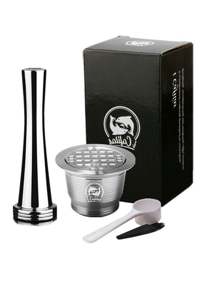 4-Piece Stainless Steel Refillable Coffee Capsule With Coffee Filter Set Silver/White/Black 3.67x2.69centimeter