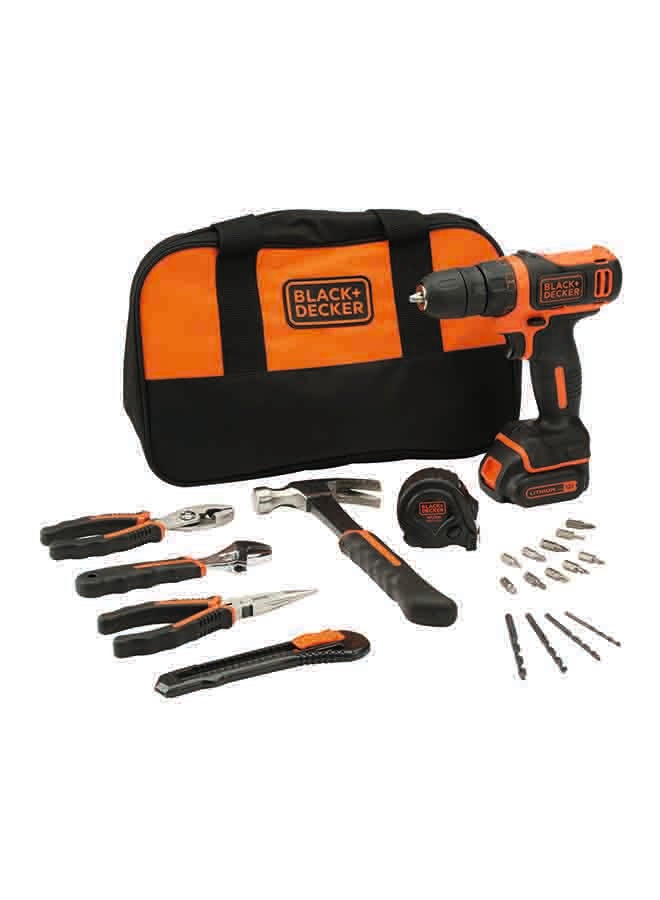 BLACK+DECKER Cordless Drill Driver With Battery (1.5Ah Li-Ion), 20-Pieces Hand Tools Set And Bag 10.8V BDCDD12HTSA-B5 Orange/Black 10mm  - Image 1