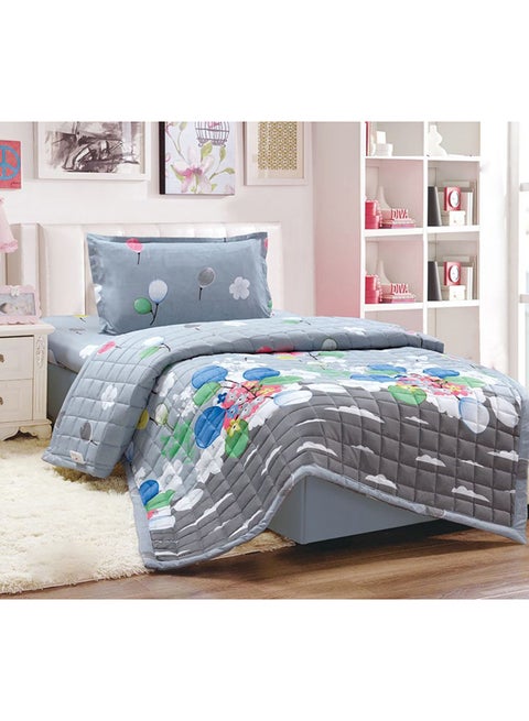 3-Piece Compressed Comforter Set Single Size Microfiber Grey/White/Blue 200x150cm