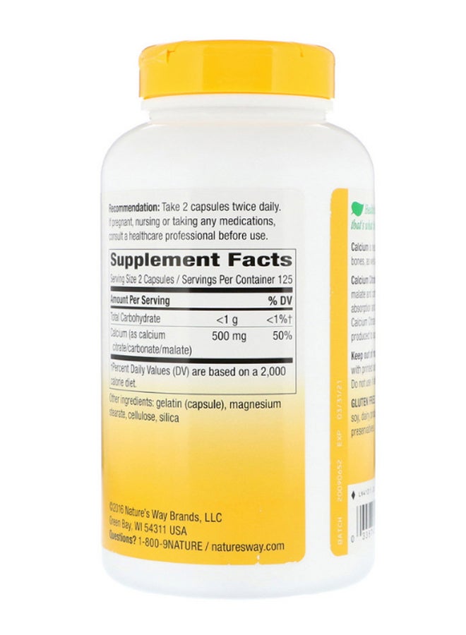 ناتشور واي مكمل غذائي كاربونات سيترات الكالسيوم والمالات - 250 كبسولة - Image 2