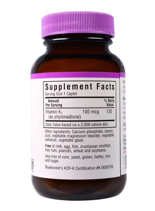 Bluebonnet Nutrition Vitamin K1 100 mcg Dietary Supplement - 100 Caplets - Image 2