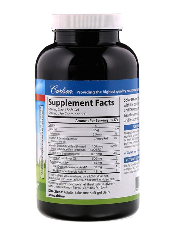 Carlson Labs Solar D Gems Dietary Supplement - 360 Softgels  - Image 2