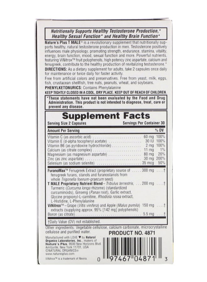 Natures Plus T Male Testosterone Boost - 60 Vegetarian Capsules - Image 2