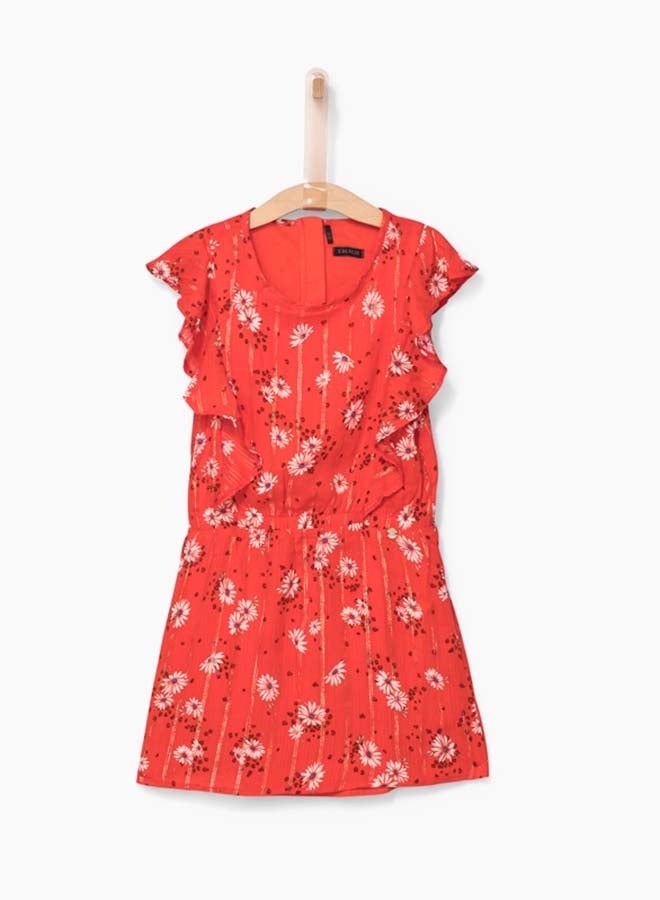 إيكس فستان بتفاصيل مكشكشة مع نقشة زهور برتقالي - Image 1