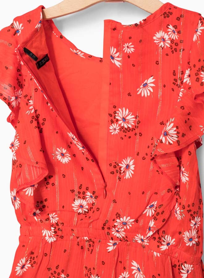 إيكس فستان بتفاصيل مكشكشة مع نقشة زهور برتقالي - Image 4