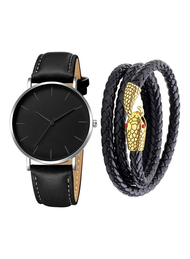 طقم مكون من قطعتين يحتوي على ساعة يد بعقارب مع سوار متعدد الطبقات للرجال - Image 1