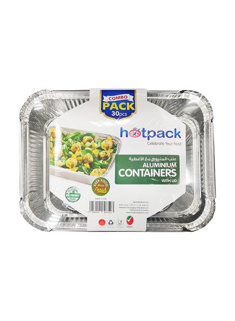 30-Piece Aluminum Food Storage Container Set Silver 3 Size Combo Pack 1850ml, 890ml, 420ml silv