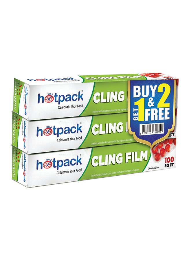 Hotpack Cling Film Food Wrap Buy 2 Get 1 Free 100Square Feet Clear 30cm  - Image 1