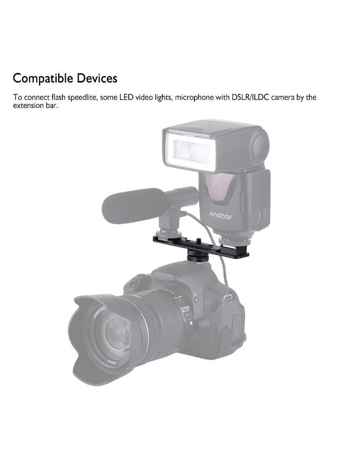 Aluminium Alloy Camera Dual Hot Shoe Extension Bar Bracket With Screw Mount Black  - Image 2