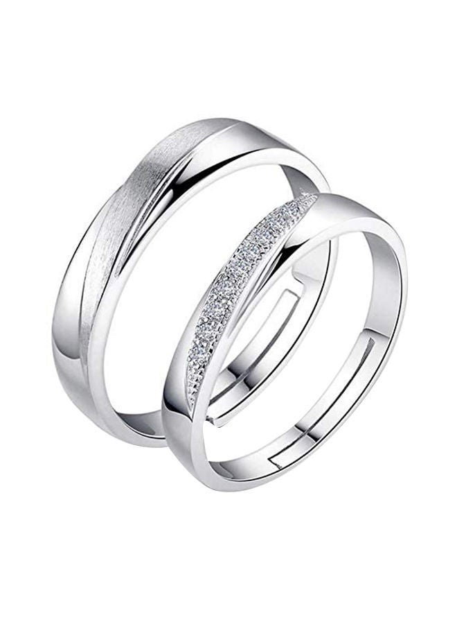2-Piece Sterling Simple Shining Diamond Adjustable Open Couple Ring Set