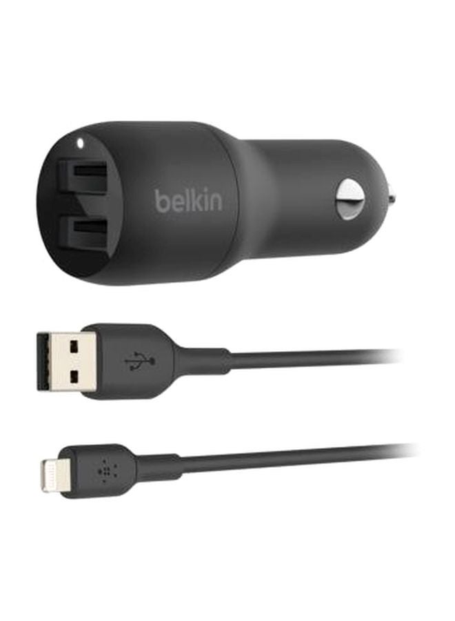 Boost Dual USB-A Car Charger With Lightning To USB-A Charging Cable Set