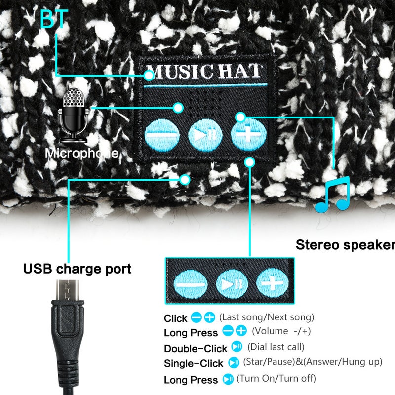 قبعة محبوكة مع خاصية البلوتوث و ميكروفون One Size أسود/ أبيض/ بني - Image 3