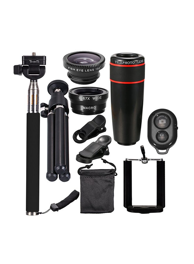 10-Piece 12X Telephoto Universal Mobile Phone Lens Kit Black 