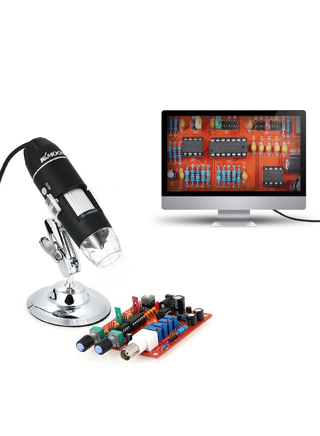كيه كيه مون - مجهر رقمي USB بتكبير 1600 مرة مع منظار داخلي بوظيفة Otg ومكبر زجاجي بإضاءة LED 8 مع حامل أسود وفضي 0.25 كجم أسود وفضي 0.25كيلوجرام - Image 1
