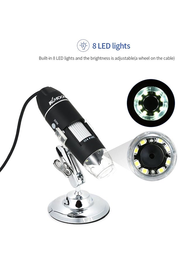 كيه كيه مون - مجهر رقمي USB بتكبير 1600 مرة مع منظار داخلي بوظيفة Otg ومكبر زجاجي بإضاءة LED 8 مع حامل أسود وفضي 0.25 كجم أسود وفضي 0.25كيلوجرام - Image 1