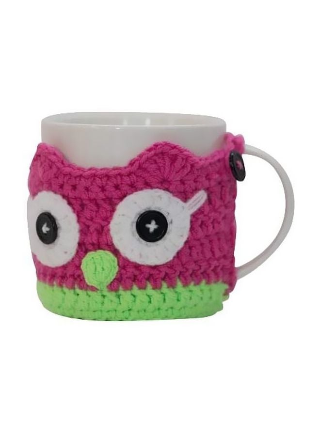 جلو لايف كوب من السيراميك مع حافظة محبوكة بتصميم بومة وردي/ أبيض/ أخضر 8.6×7.2×9.3سم - Image 1