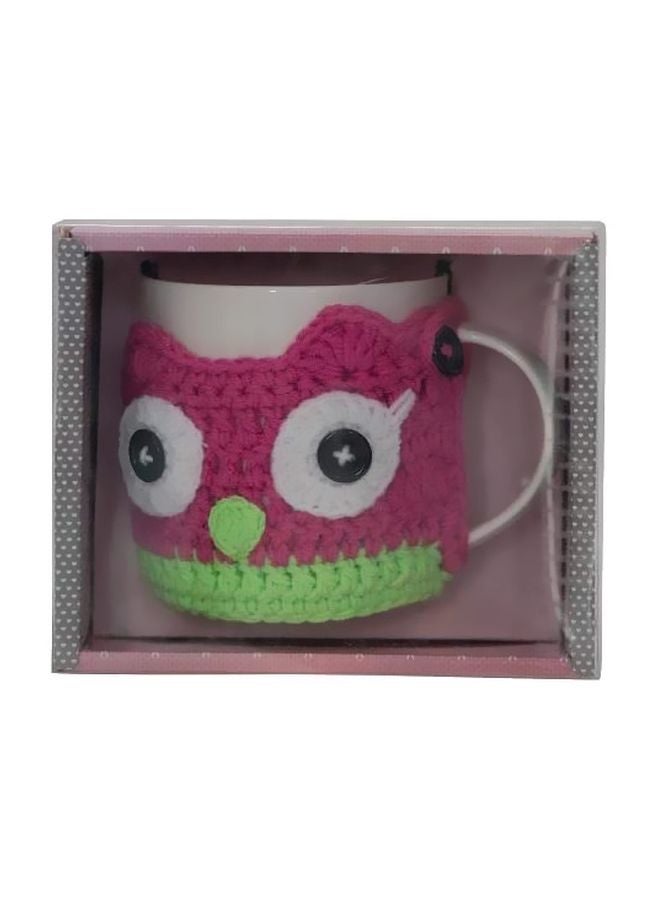 جلو لايف كوب من السيراميك مع حافظة محبوكة بتصميم بومة وردي/ أبيض/ أخضر 8.6×7.2×9.3سم - Image 2