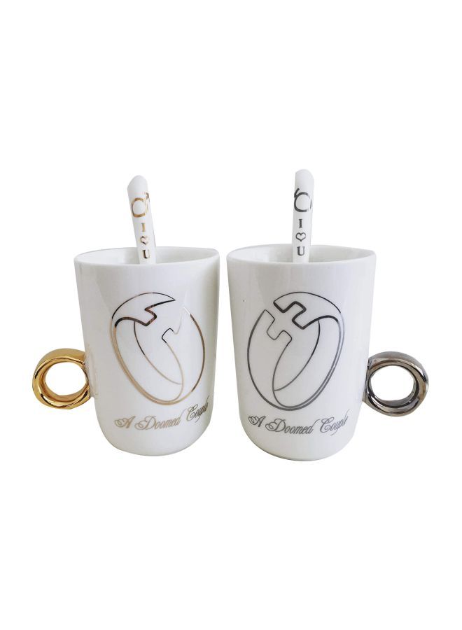 جلو لايف طقم مجات وملاعق على شكل خاتم مرصع بالألماس للزوجين من 4 قطع أبيض/فضي - Image 1