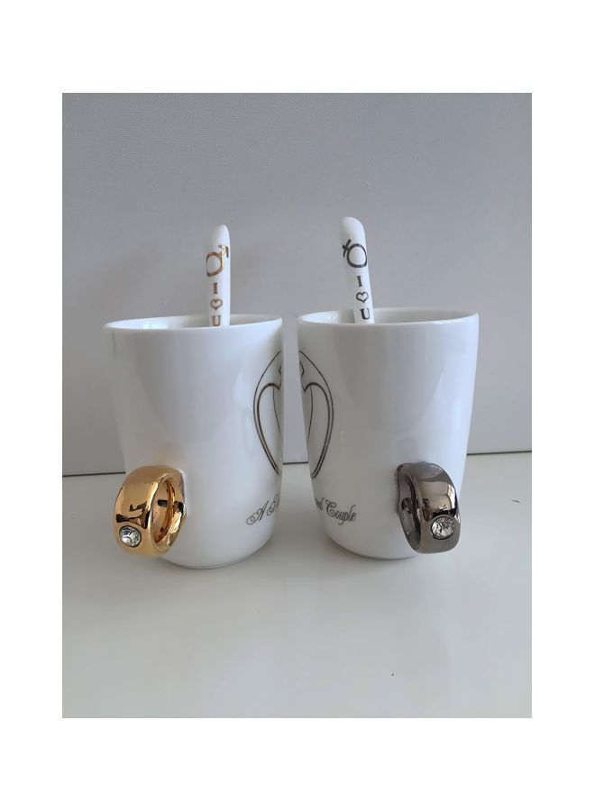 جلو لايف طقم مجات وملاعق على شكل خاتم مرصع بالألماس للزوجين من 4 قطع أبيض/فضي - Image 3