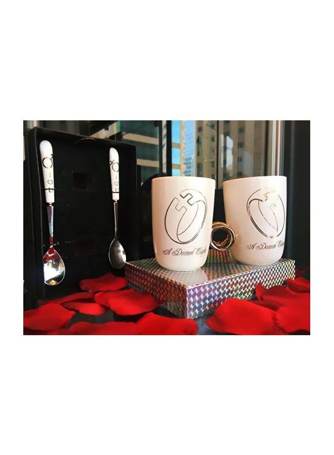 جلو لايف طقم مجات وملاعق على شكل خاتم مرصع بالألماس للزوجين من 4 قطع أبيض/فضي - Image 5