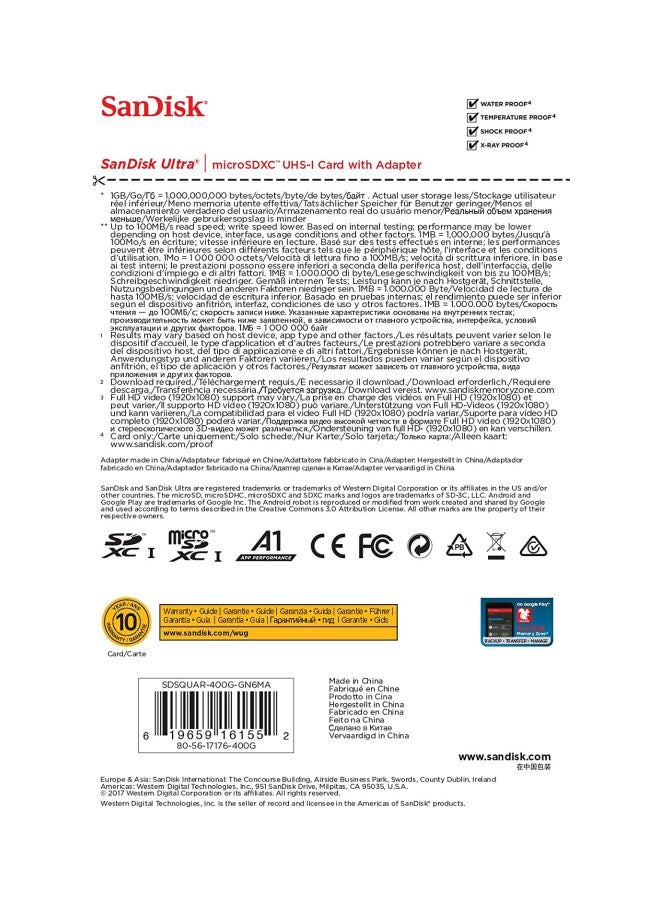 سانديسك - بطاقة سانديسك ألترا MicroSDHC UHS-I سعة 400 جيجابايت مع محول بسرعة تصل إلى 100 ميجابايت/ الثانية 400 GB - Image 1