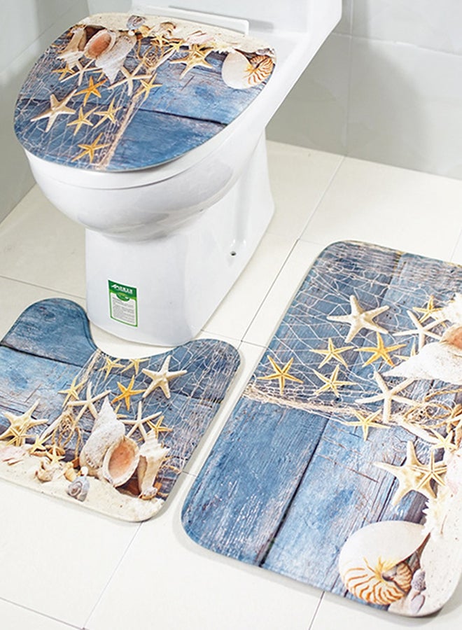 Generic - 3-Piece Sea Snail Pattern Anti Skid Toilet Mat Set Blue/White/Yellow One Size - Image 1
