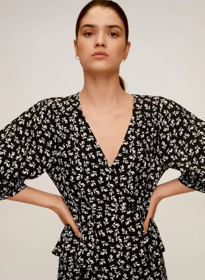 MANGO Printed Balloon Sleeve Plunge Wrap Top Black - Image 3