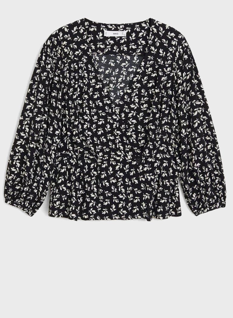 MANGO Printed Balloon Sleeve Plunge Wrap Top Black - Image 4