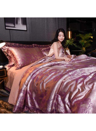 Luxury Jacquard Duvet Cover Set Polyester Purple Duvet Cover 180x220 cm, Pillowcases 48x74 cm, Fitted Sheet 230x230cm - v1587676471/N37397171A_1