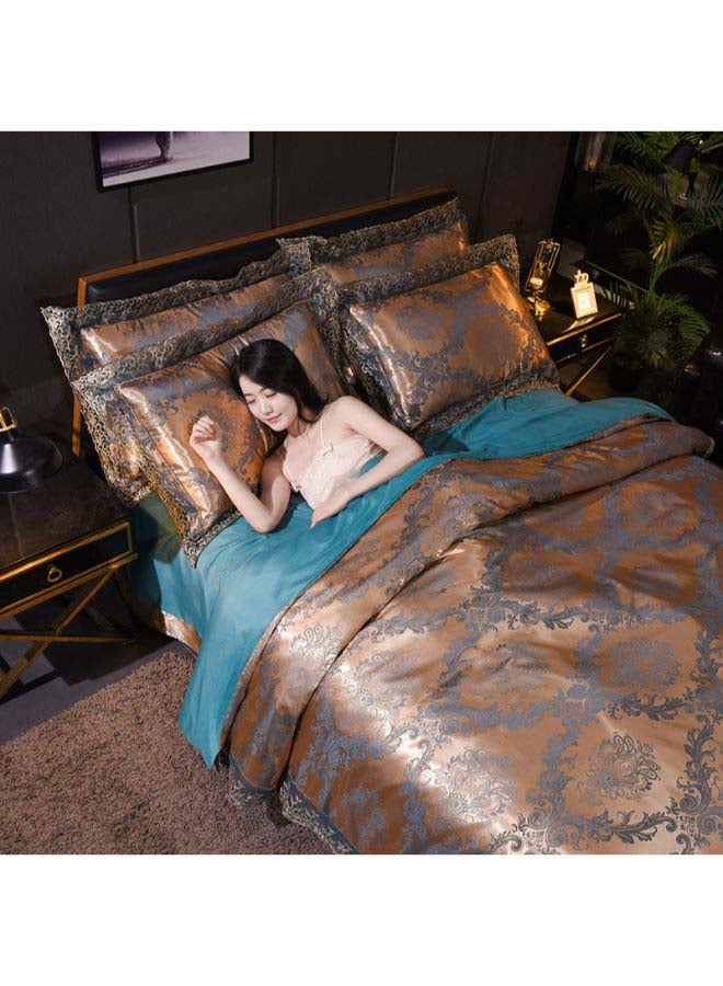 بيوينتي طقم غطاء لحاف من قماش الجاكارد، 4 قطع بوليستر ذهب / أزرق Jacquard Duvet Cover 220x240 cm, Pillowcases 48x74 cm, Fitted Sheet 230x269سم - Image 1